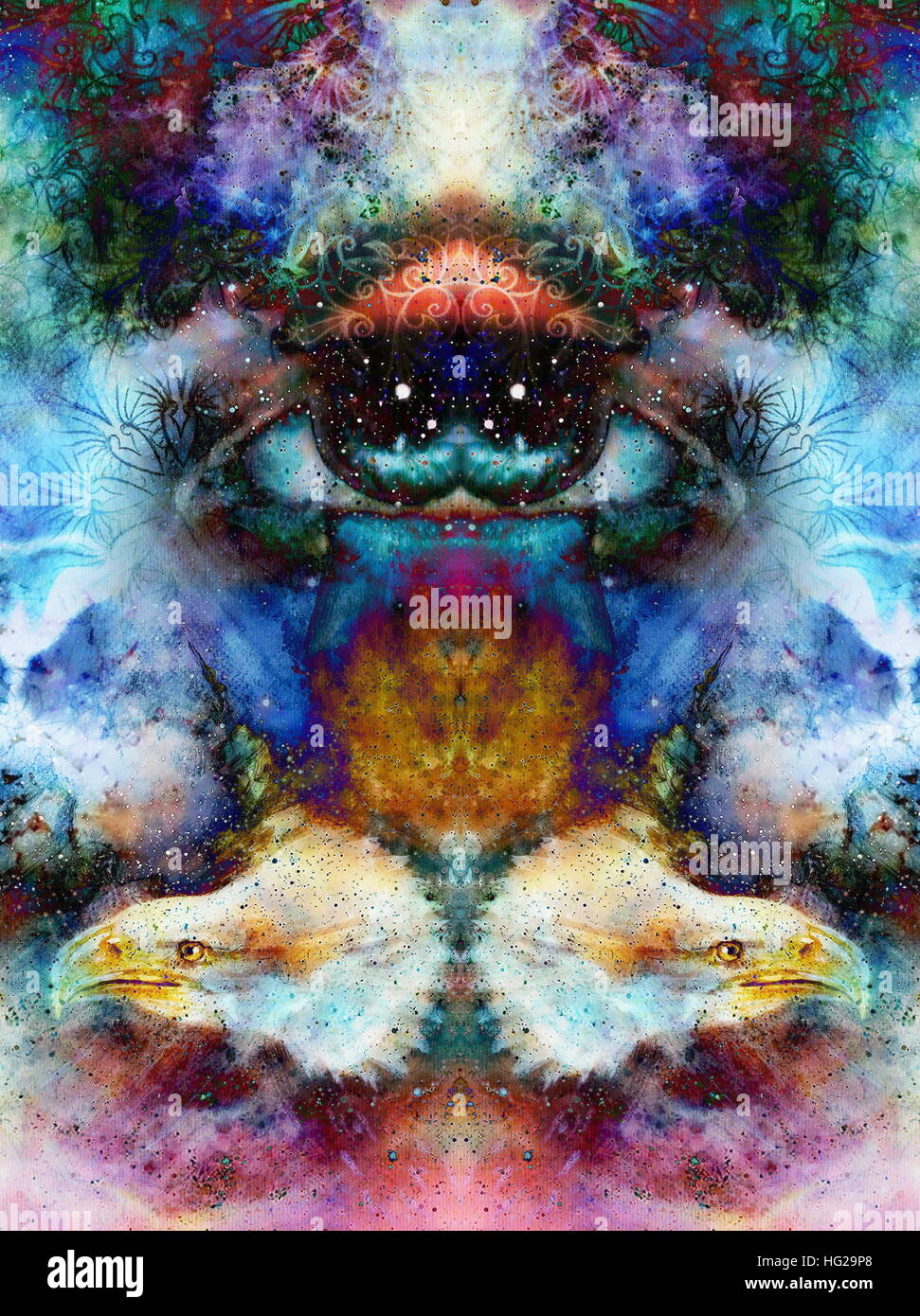 psychedelic eyes and eagle heads on multicolor abstract backgroung with ornamental pattern. Stock Photo