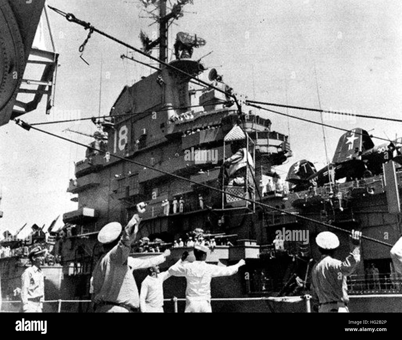 View of highline transfer to USS Wasp (CV-18) in 1952 Stock Photo - Alamy