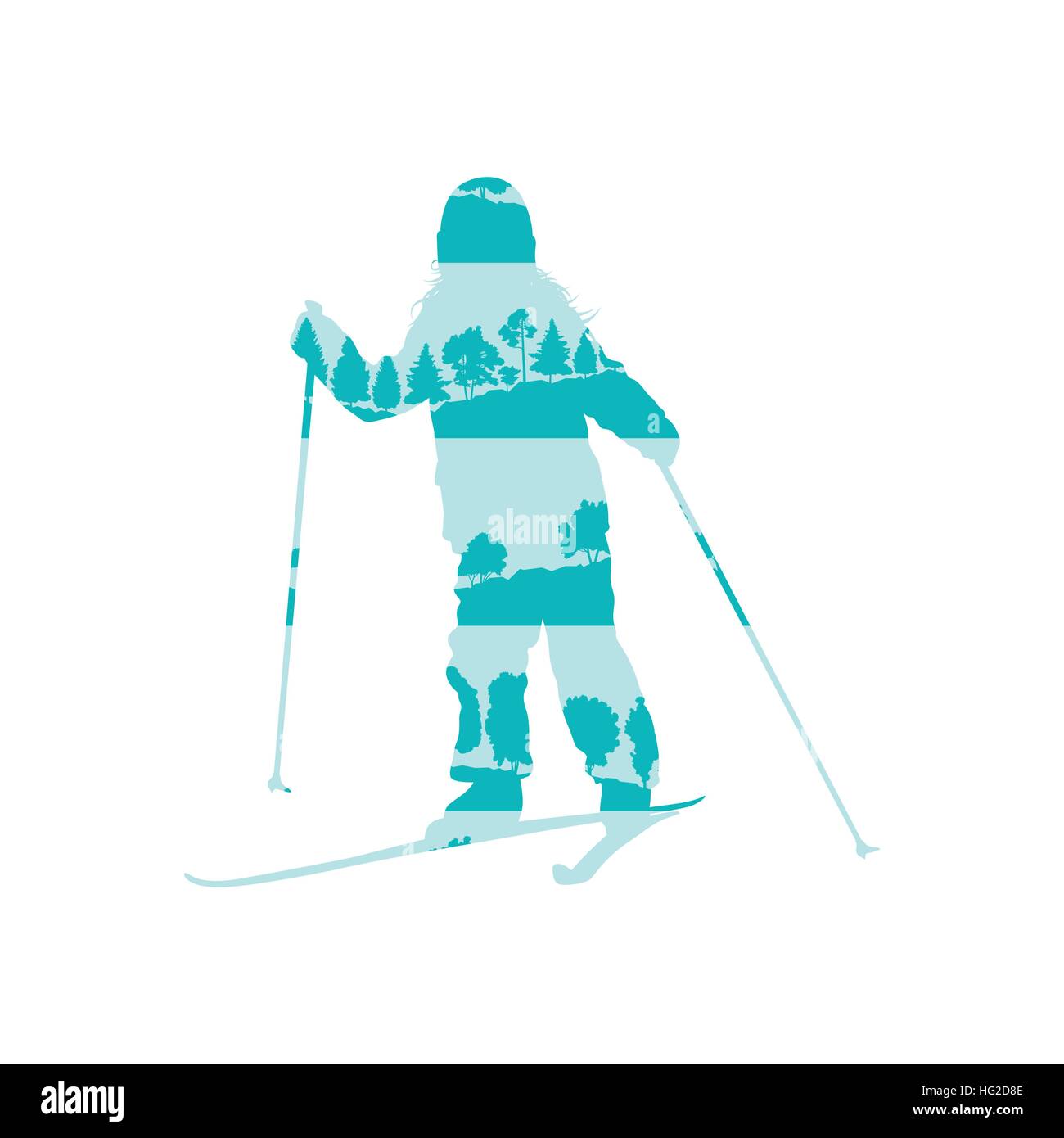 Children cross country skiing concept of little boy made of forest trees fragments isolated on white Stock Vector