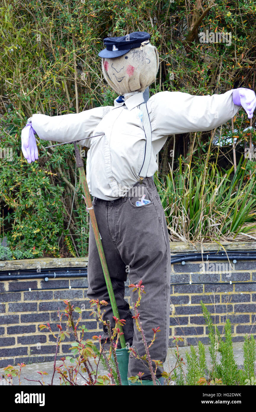 Percy the Park Keeper Scarecrow at RHS Garden Harlow Carr, Harrogate, Yorkshire. England UK. Stock Photo