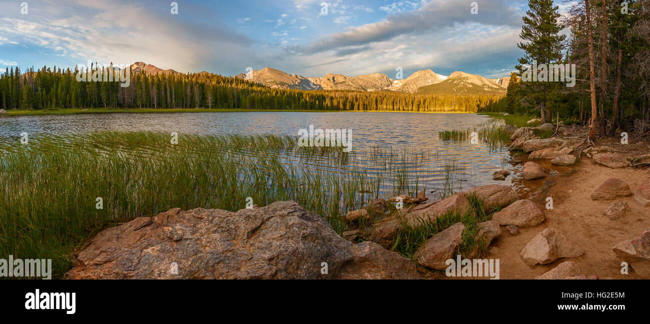 A morning view of the Colorado Rocky Mountains seen from Bierstadt Lake in Rocky Mountain National Park. Stock Photo