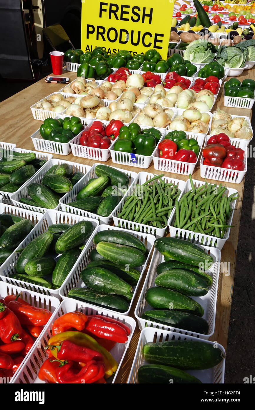 Fresh produce displayed an at open air market Stock Photo