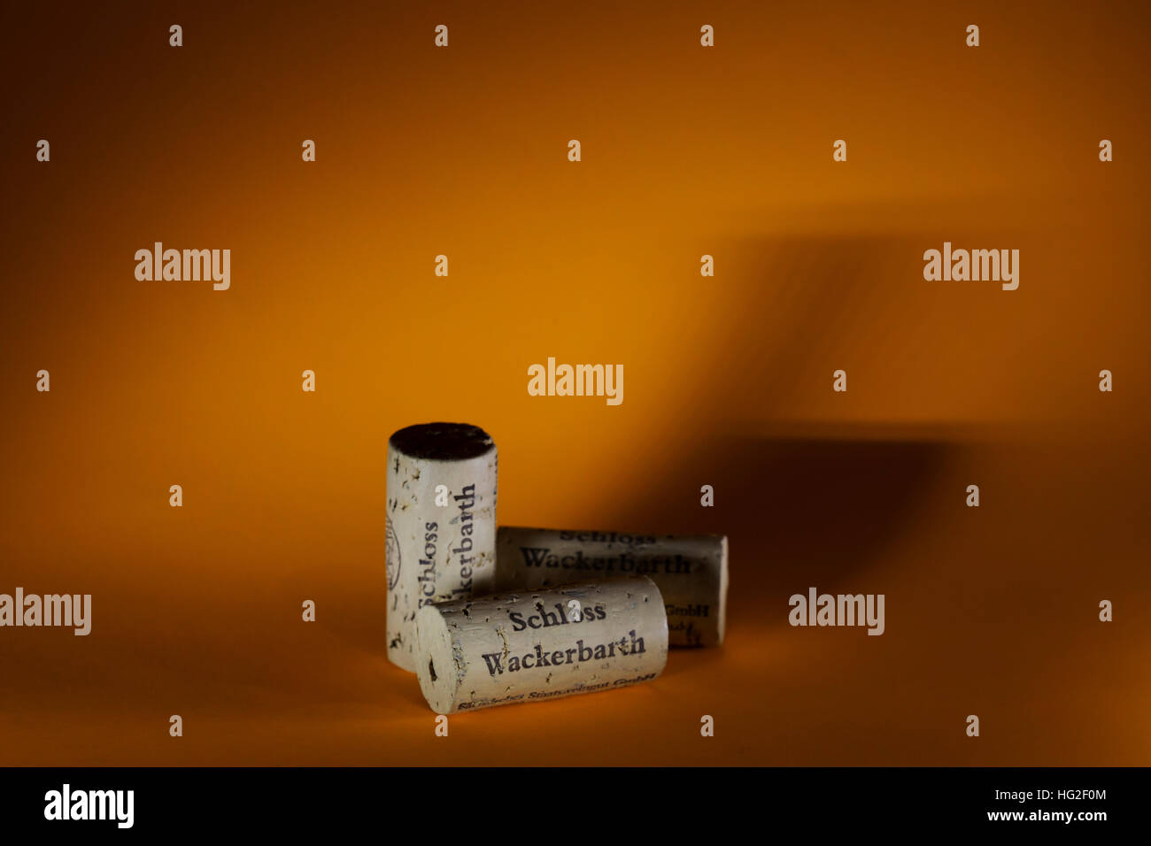 Corks from a bottle of the Schloss Wackerbarth vineyard in Saxony, Germany. The words 'Schloss Wackerbarth' are on the cork. Stock Photo