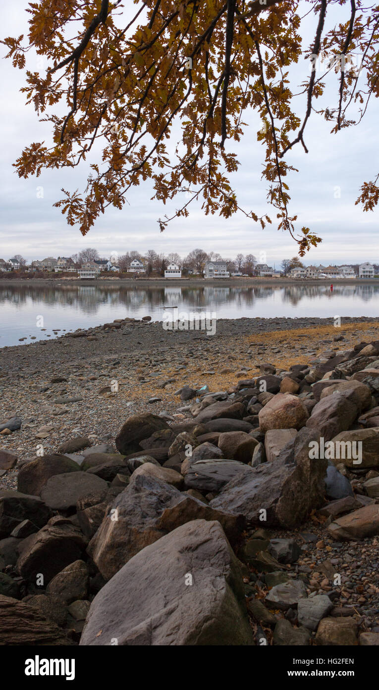 The rocky north shoreline of the World's End park, with Hull waterfront homes in the background