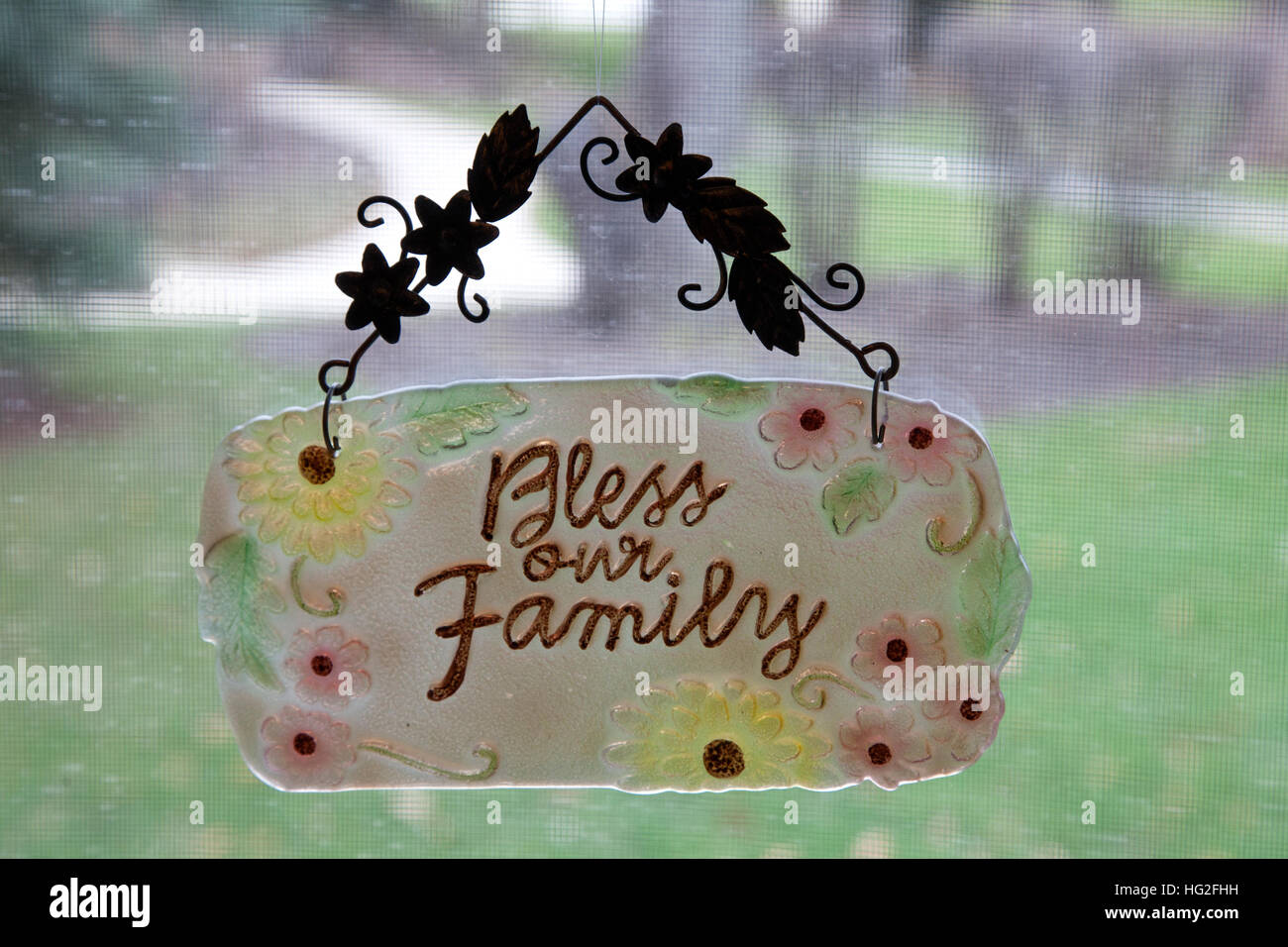Creative 'Bless our Family' hanging plaque. Downers Grove Illinois IL USA Stock Photo