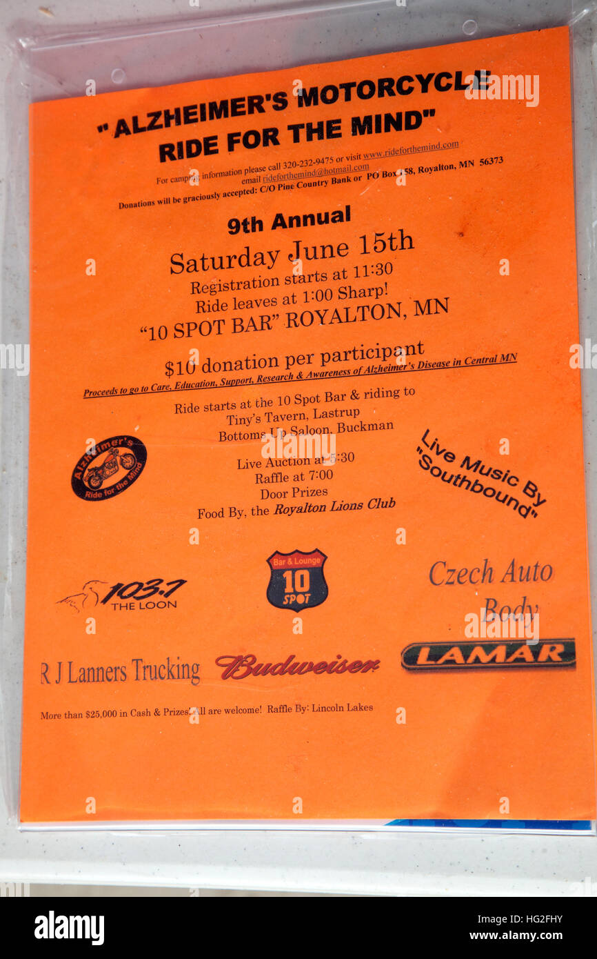 Orange flyer promoting the charity "Alzheimer's Motorcycle Ride for the