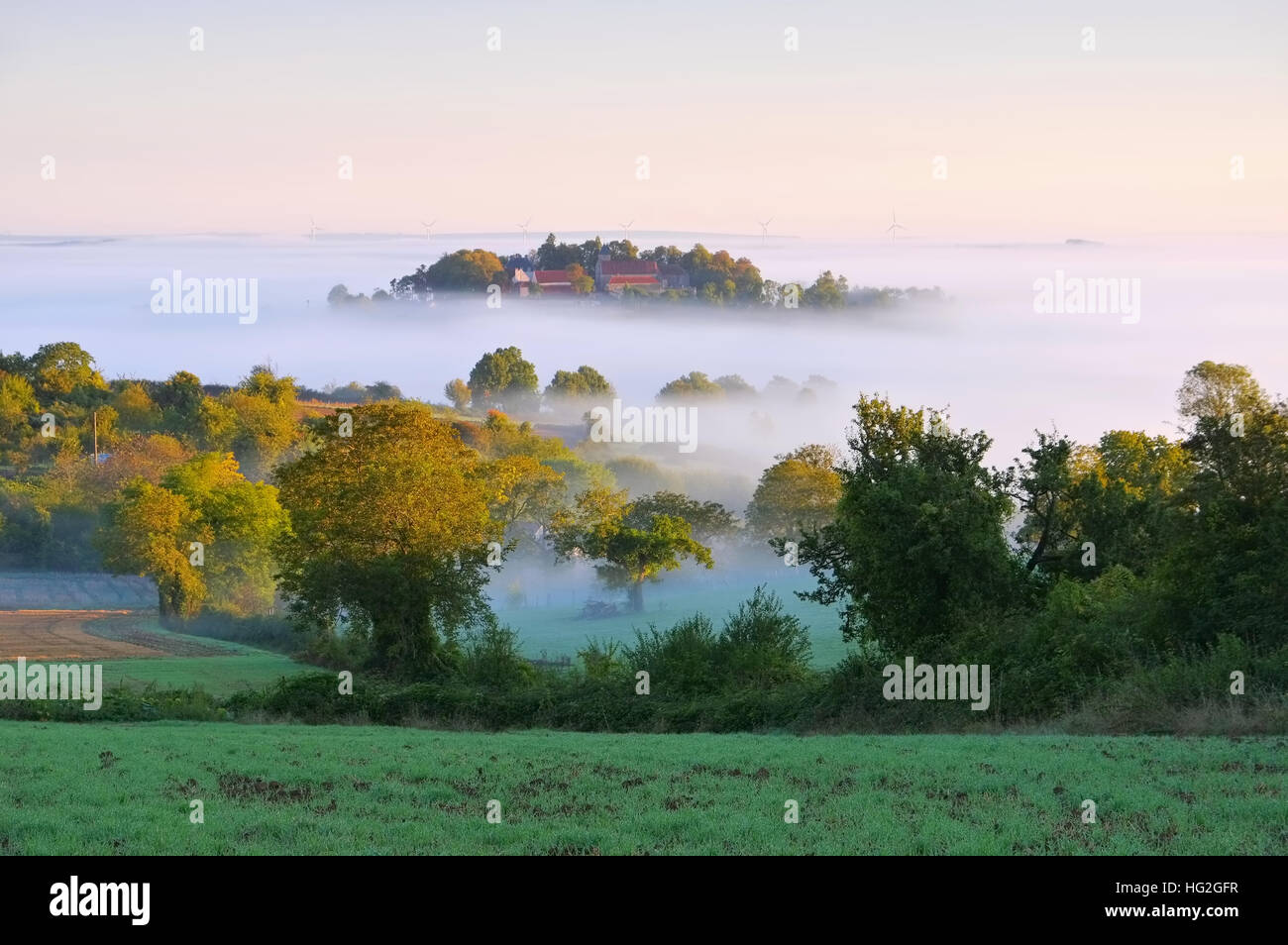 Burgund im Nebel  - Burgundy landscape in morning mist, France Stock Photo