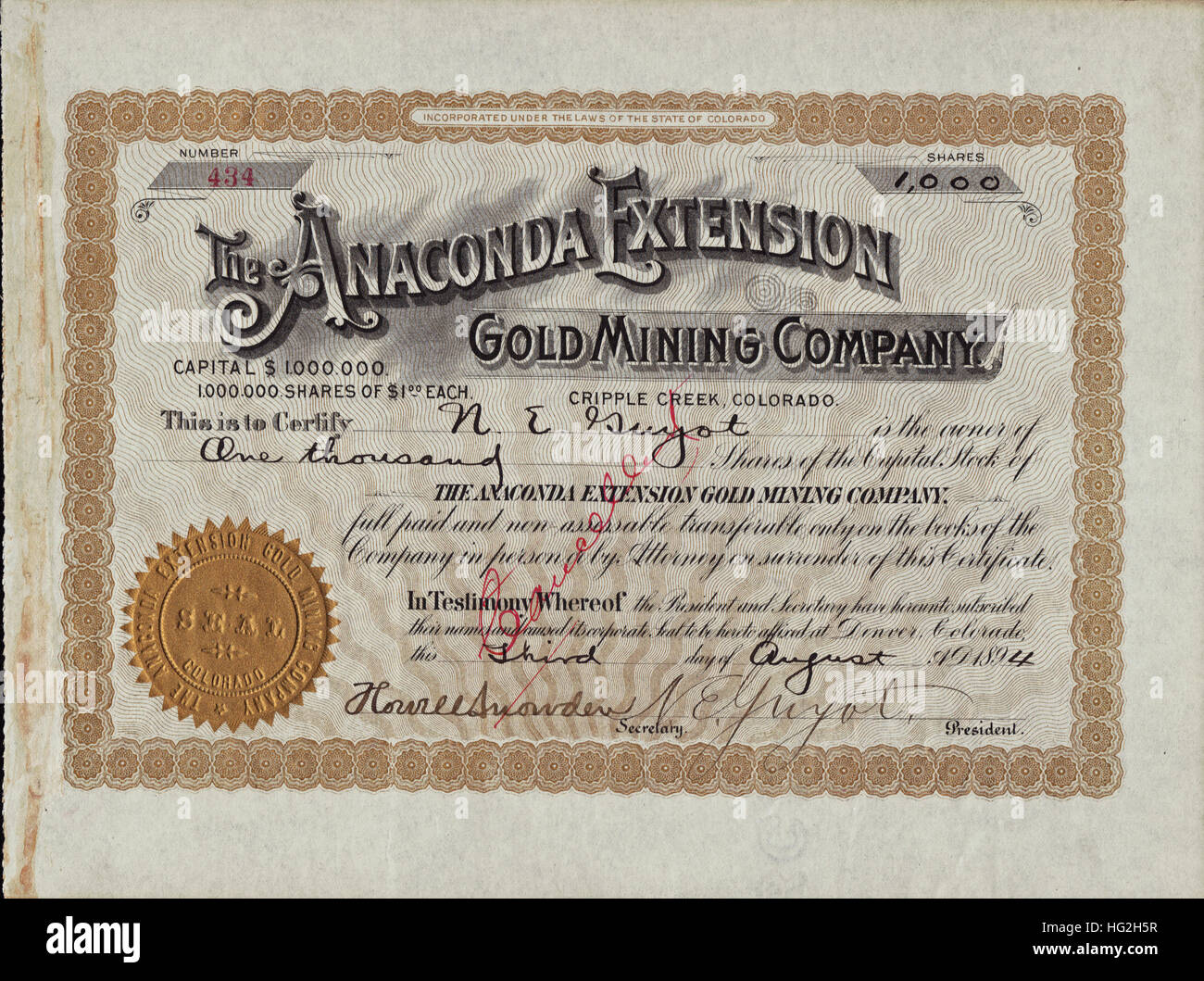 1894 Anaconda Extension Gold Mining Company Stock Certificate - Cripple Creek, Colorado - USA Stock Photo