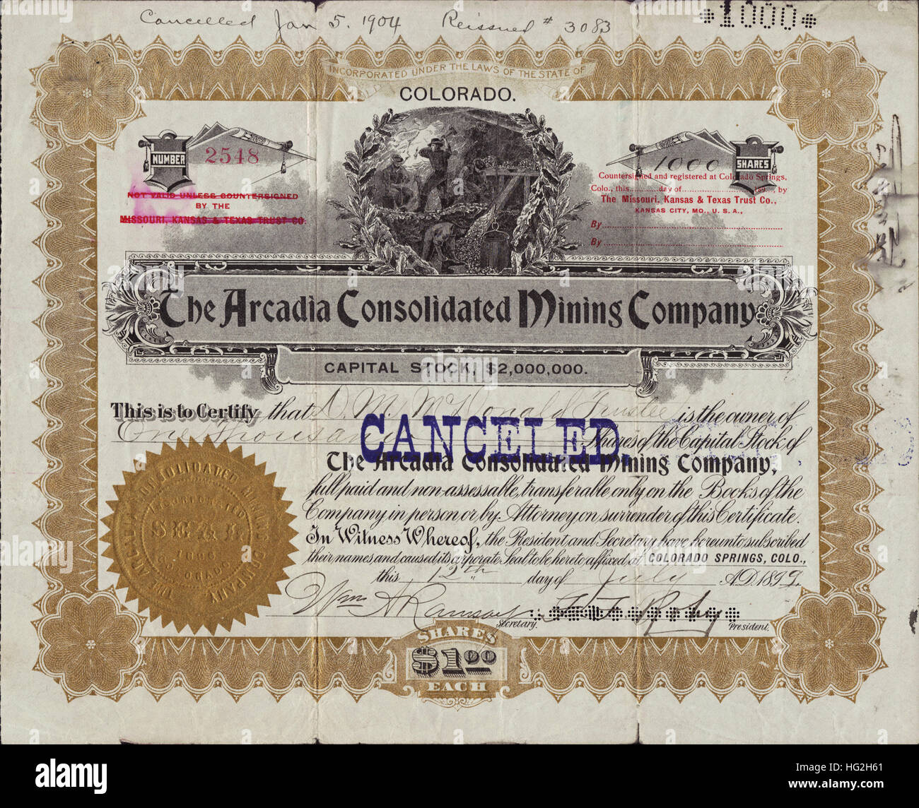 1899 Arcadia Consolidated Mining Company Stock Certificate - Gold Hill - Cripple Creek Mining District, Colorado - USA Stock Photo