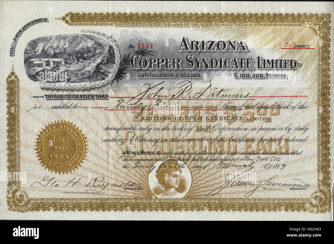 1899 Arizona Copper Syndicate Limited Stock Certificate - Clifton - Graham County, Arizona - USA Stock Photo