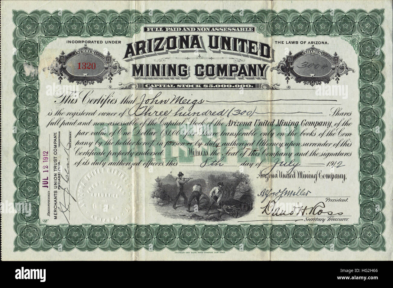 1912 Arizona United Mining Company Stock Certificate - Authentic Old West Document - USA Stock Photo
