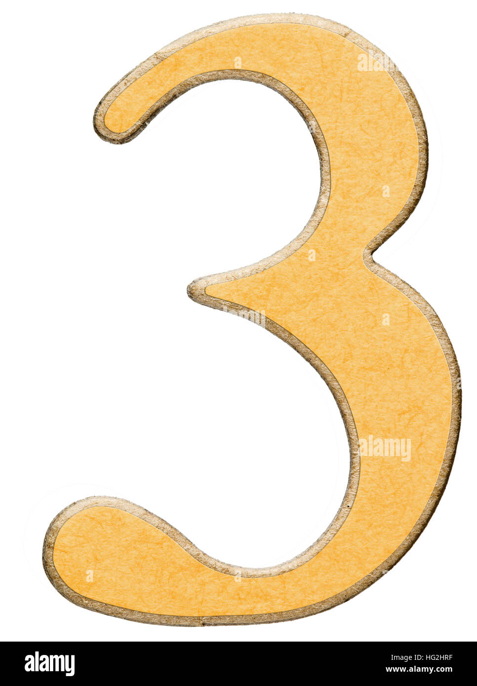 3, three, numeral of wood combined with yellow insert, isolated on ...