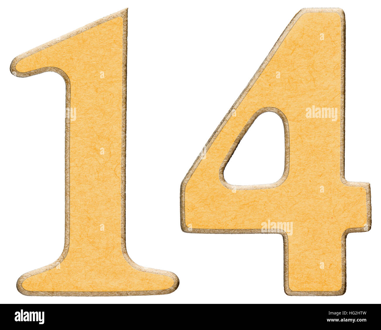 14, fourteen, numeral of wood combined with yellow insert, isolated on ...