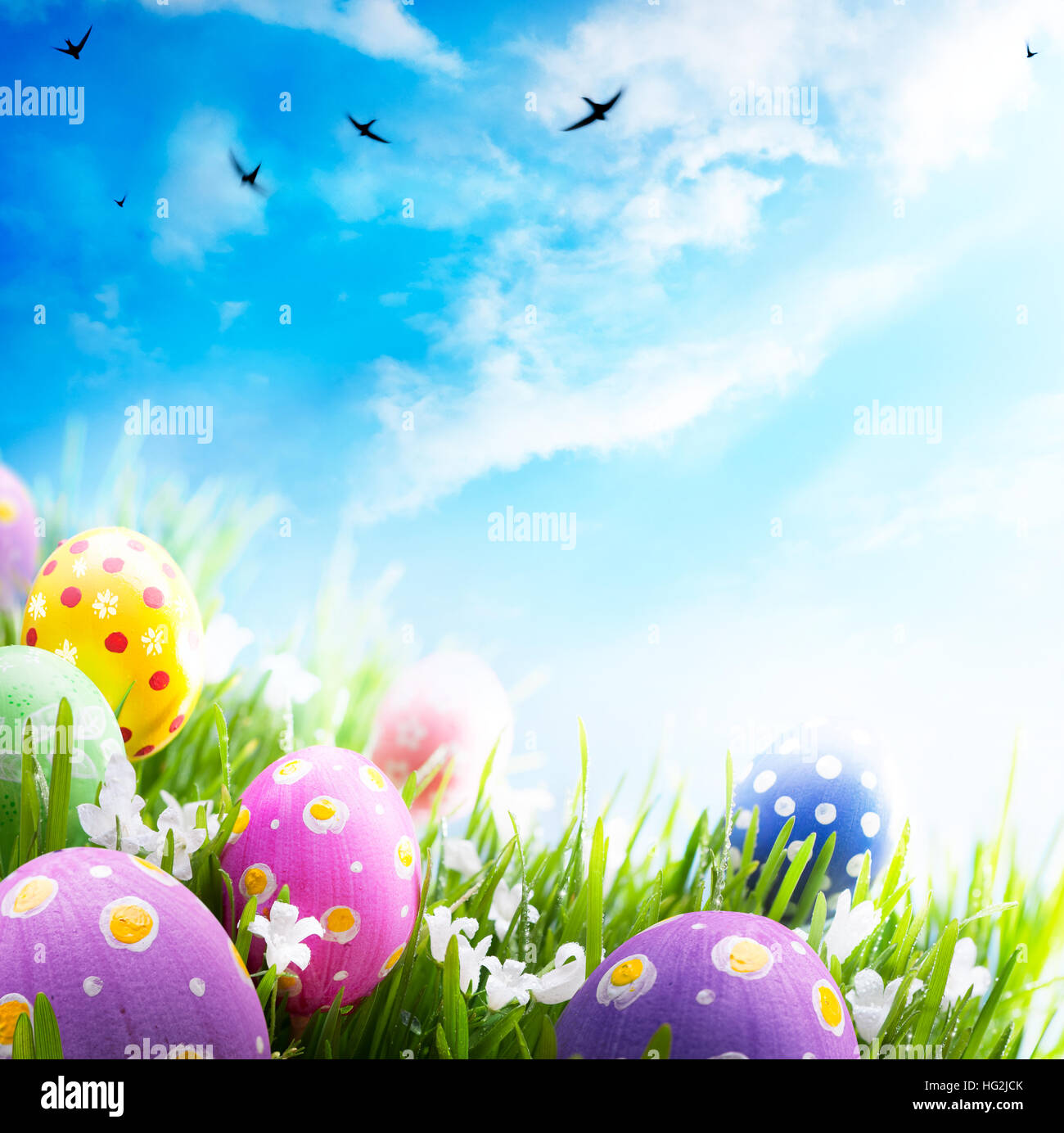 Colorful Easter eggs decorated with flowers in the grass on blue sky ...
