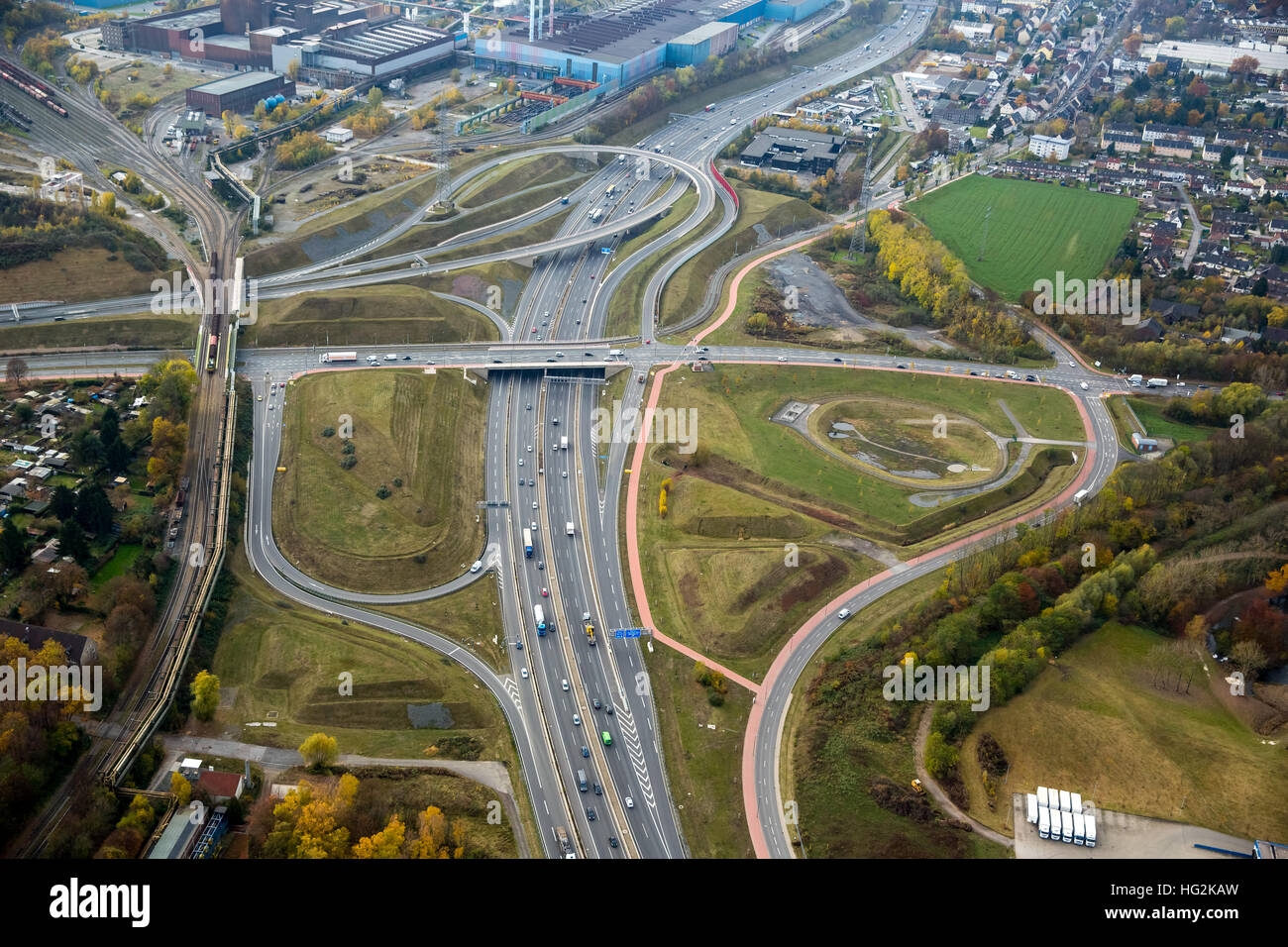 Aerial view, motorway intersection Bochum-West, Ruhrschnellweg, B1, A40 motorway, Bochum, Ruhr area, North Rhine-westphalia, Stock Photo