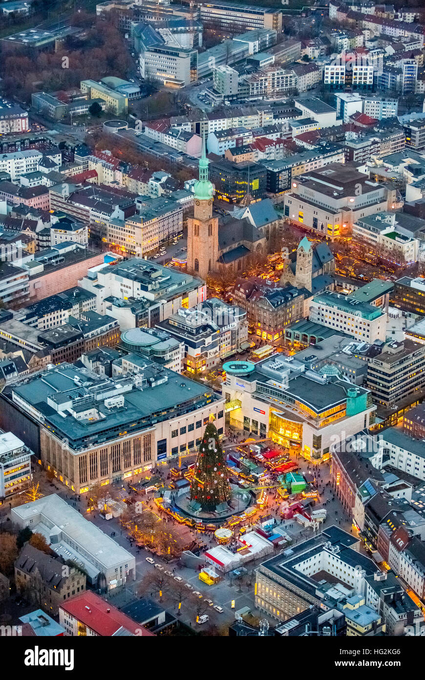 Aerial view, the biggest Christmas tree in the world is in Dortmund at the Christmas market, Hansaplatz, stalls, Christmas stall Stock Photo