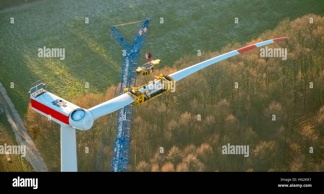 Aerial view, wind power plant, wind farm Uphusen between Lavesumer street and Münsterstraße, construction of wind turbines, Stock Photo