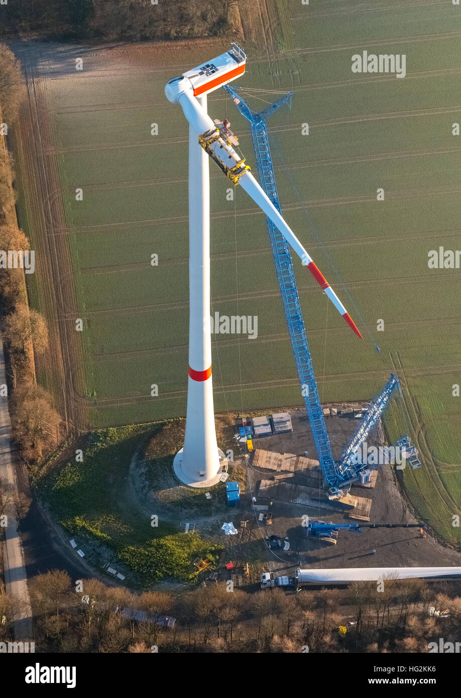 Aerial view, wind power plant, wind farm Uphusen between Lavesumer street and Münsterstraße, construction of wind turbines, Stock Photo
