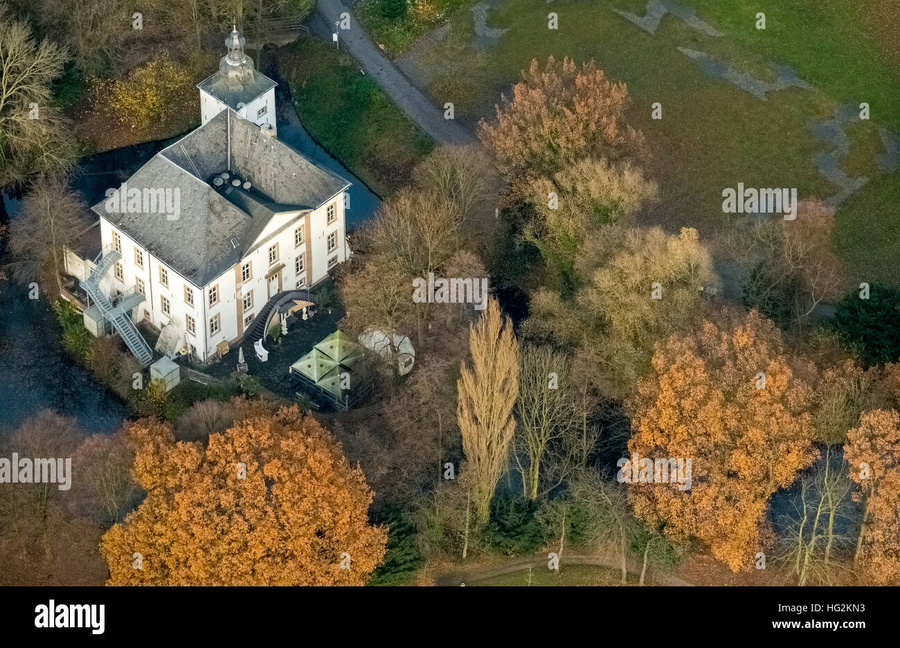 Aerial view,  water castle Wasserschloss Haus Voerde Voerde, Ruhr area, north rhine-westphalia, Ruhr aeria, Stock Photo