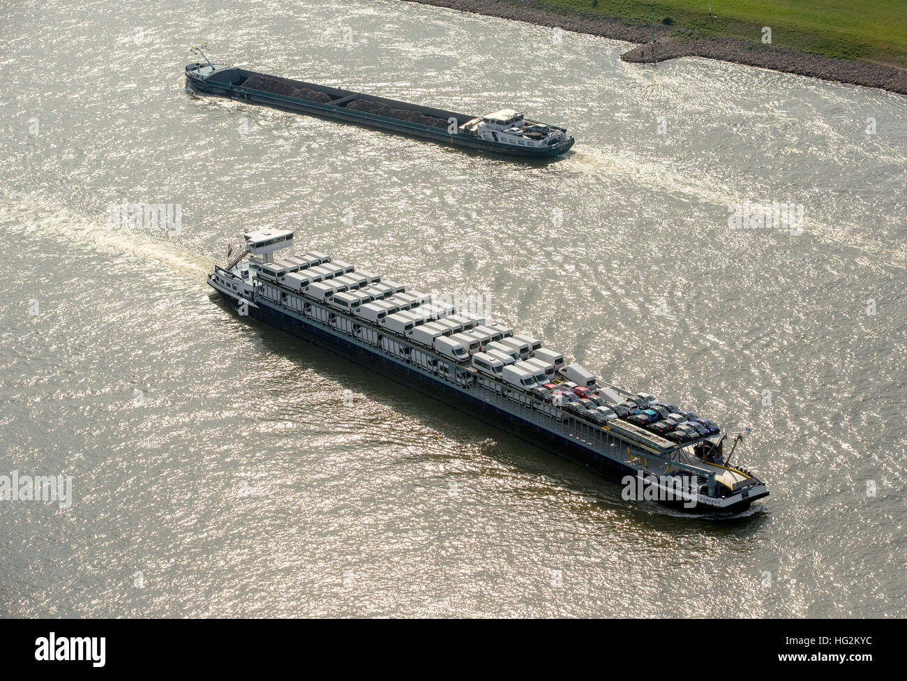 Aerial view, FORENSO cargo ship car transporter with transporters, car cargo ship on the Rhine at Rheinberg, IWT, Duisburg,rhine Stock Photo