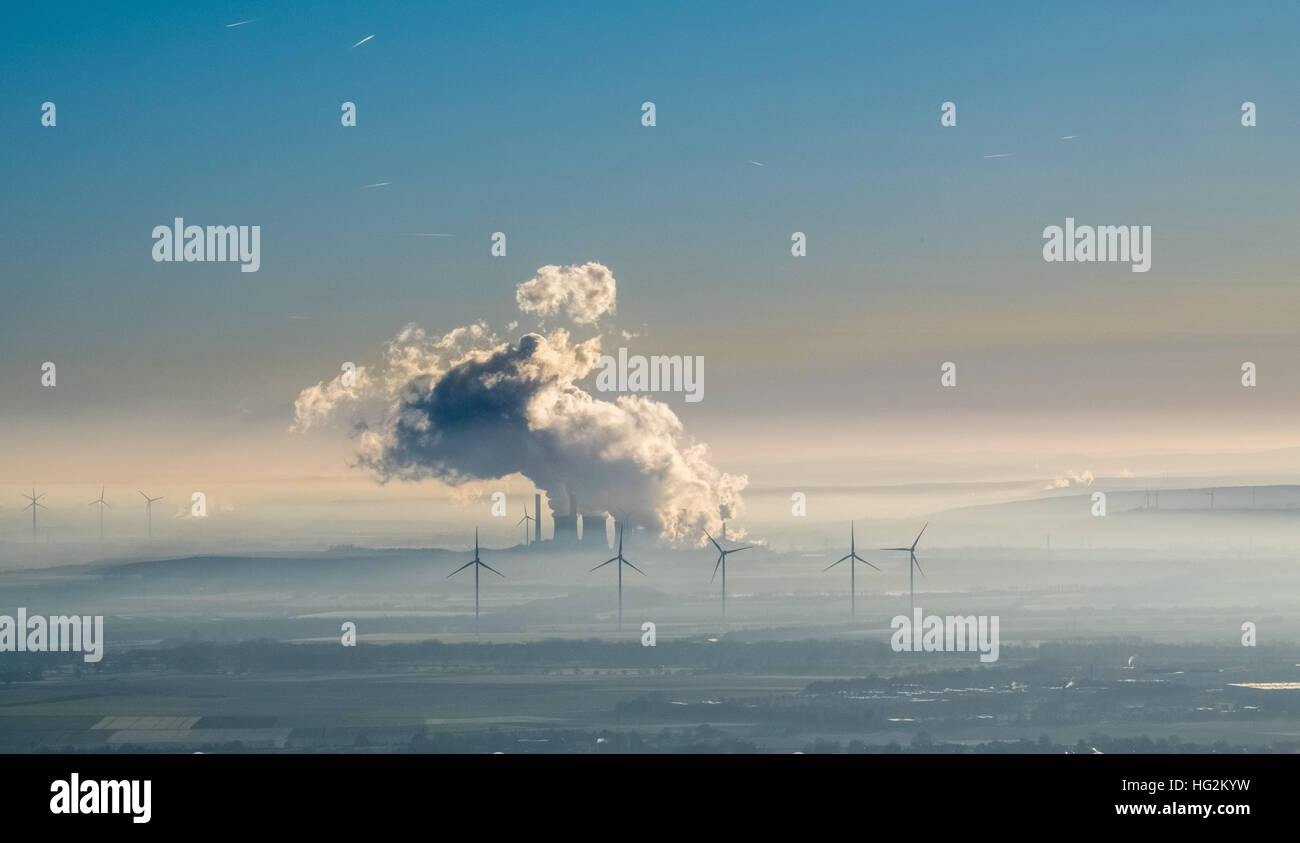 Aerial view, power plant Weisweiler in Eschweiler, RWE Power AG, lignite-fired power plant and wind power, alternative energy, Stock Photo