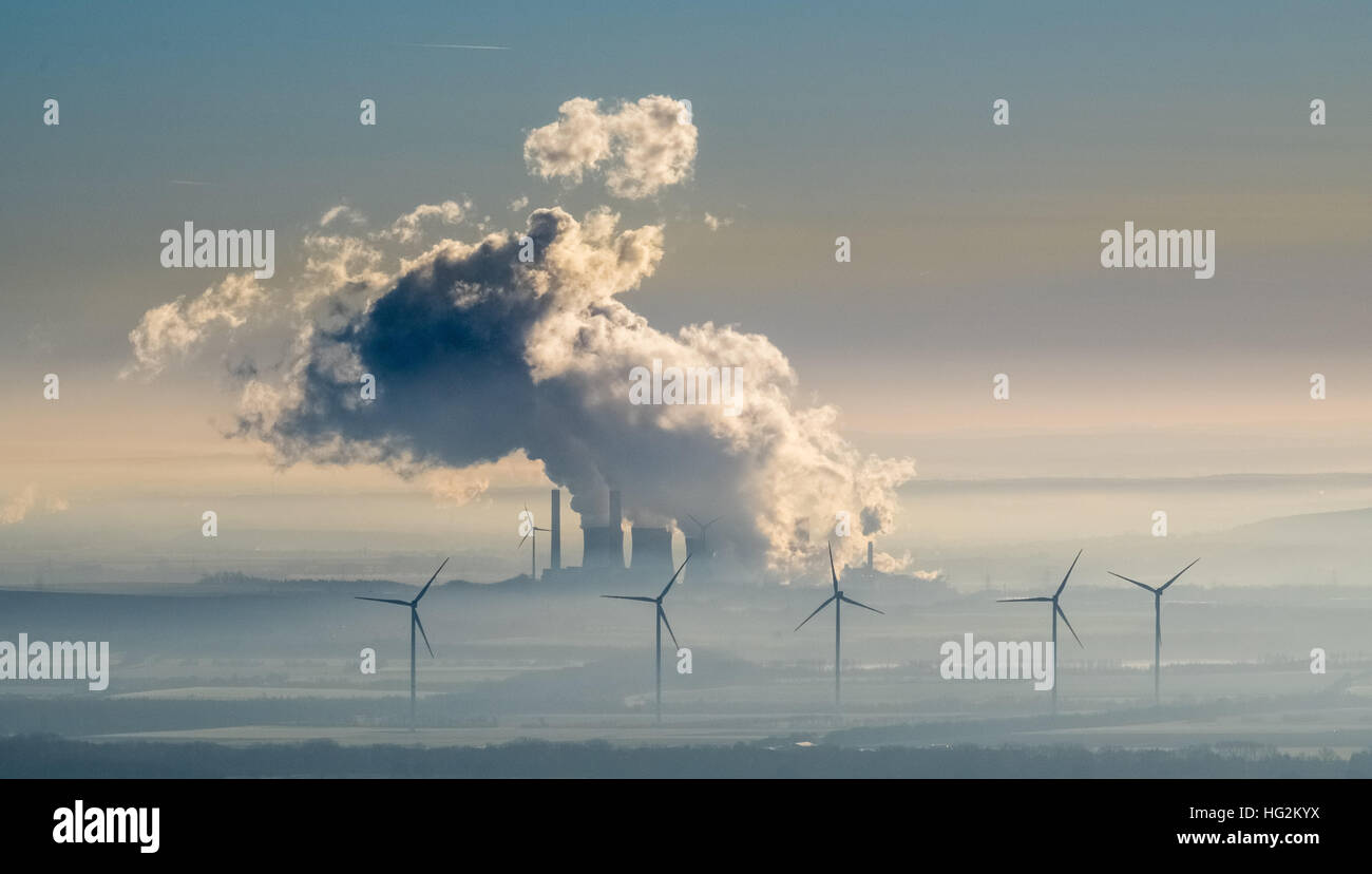 Aerial view, power plant Weisweiler in Eschweiler, RWE Power AG, lignite-fired power plant and wind power, alternative energy, Stock Photo