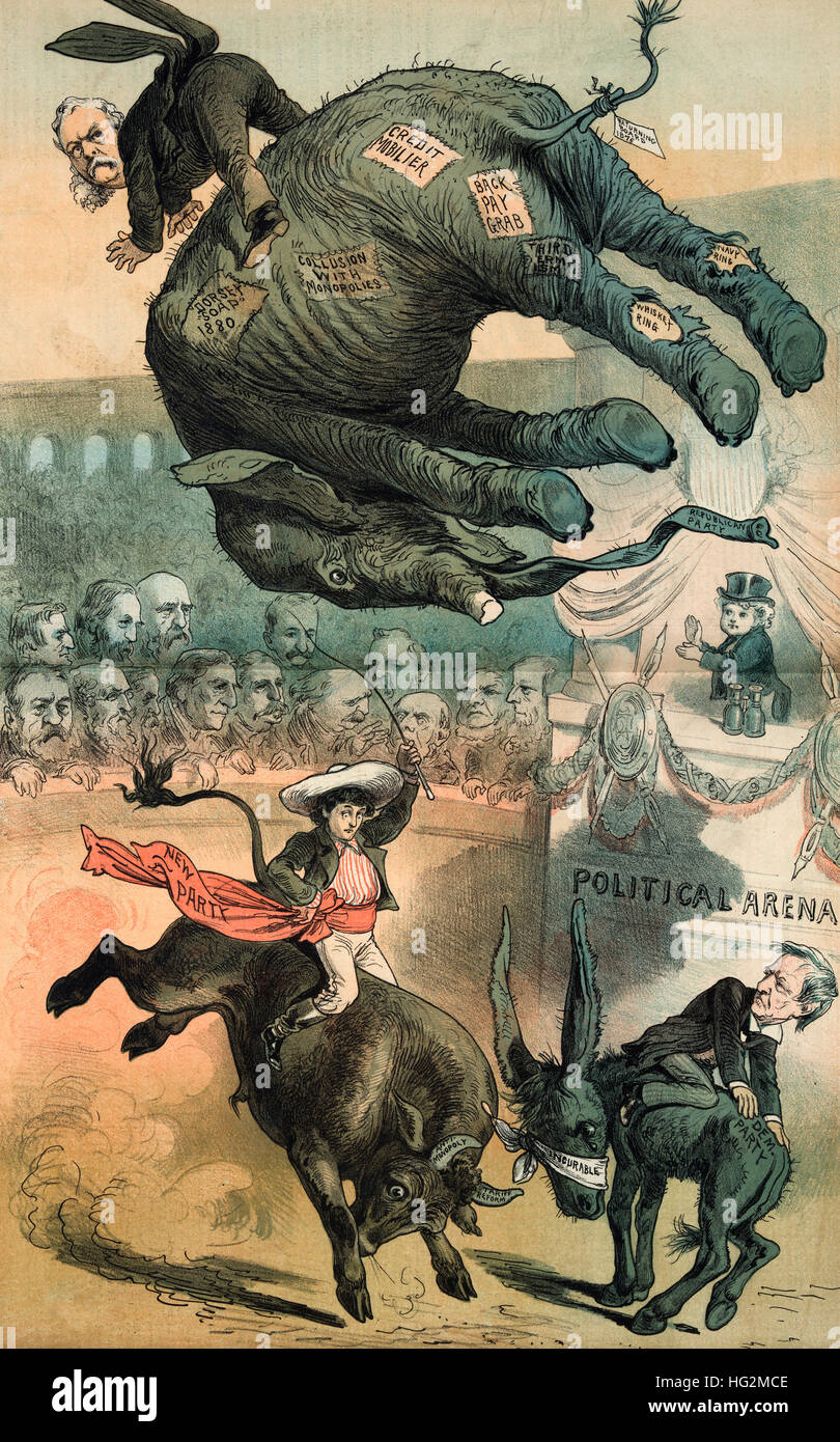 A new bull in the ring.  Political Cartoon shows Chester A. Arthur riding the Republican elephant tossed high in the air in a 'Political Arena', the elephant is patched with scandals labeled 'Credit Mobilier, Collusion with Monopolies, Back Pay Grab, Third Termism, Whiskey Ring, Navy Ring, and Dorsey 'Soap' 1880'. Below, on the floor of the arena, Samuel J. Tilden is sitting backwards on a donkey labeled 'Incurable' and Puck's Independent Party figure is riding a bucking bull, its horns labeled 'Anti-Monopoly' and 'Tariff Reform'. Stock Photo