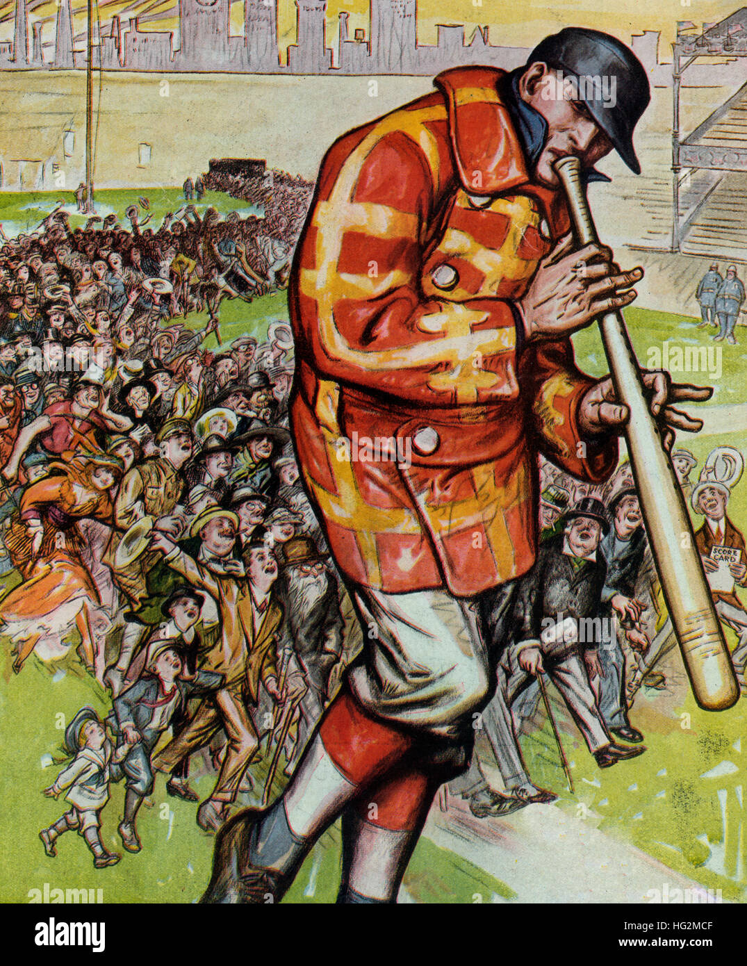 The pied piper of America -  Illustration shows a large baseball player using a baseball bat as a musical pipe to play music and draw a large crowd of people of all ages into a baseball stadium. 1914 Stock Photo