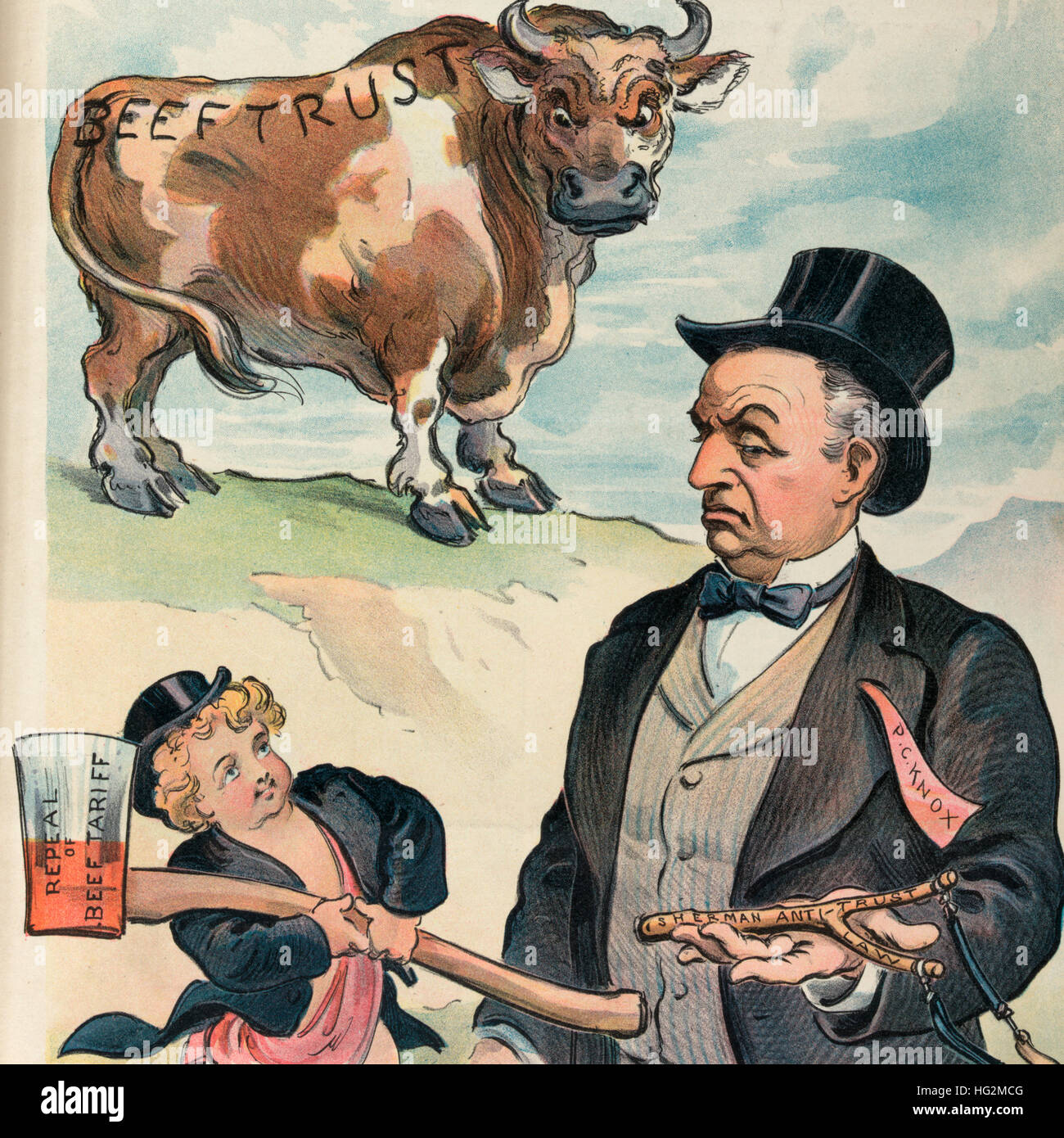 As to the beef trust -  Political Cartoon shows Puck offering a large axe labeled 'Repeal of Beef Tariff' to Philander C. Knox who is holding a tiny sling-shot labeled 'Sherman Anti-Trust Law'; standing in the background is a large bull labeled 'Beef Trust'.1902 Stock Photo