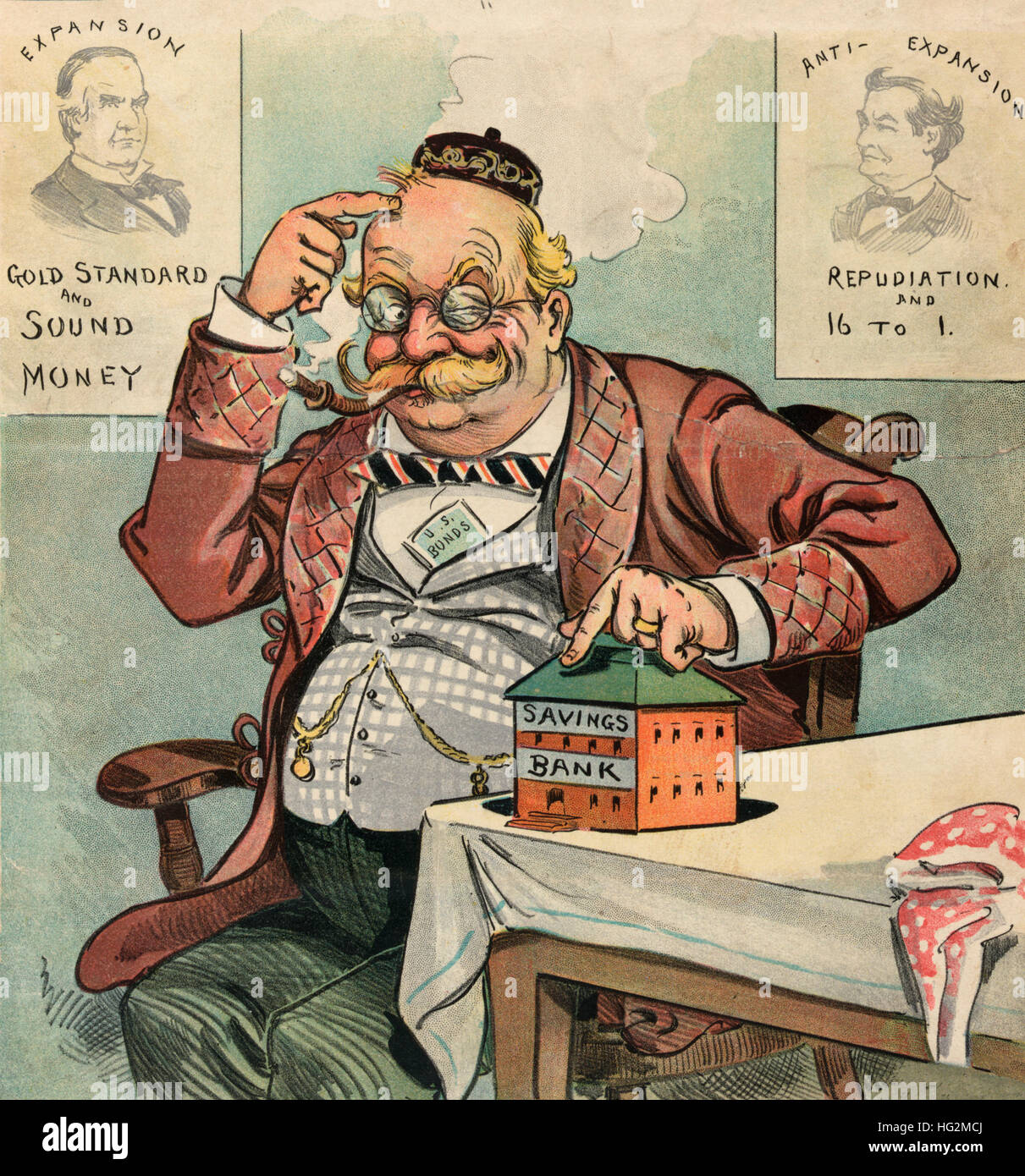 How will our German-American vote? - Illustration shows an elderly German American man with one hand pointing to his head and the other pointing to a coin bank labeled 'Savings Bank' on a table, he winks to reinforce that he thinks his investments in the 'U.S. Bonds' protruding from his vest, and his savings are wise decisions. On the left is a poster showing a bust portrait of President William McKinley labeled 'Expansion' and captioned 'Gold Standard and Sound Money', and on the right is a poster showing a bust portrait of William Jennings Bryan. 1900 Stock Photo