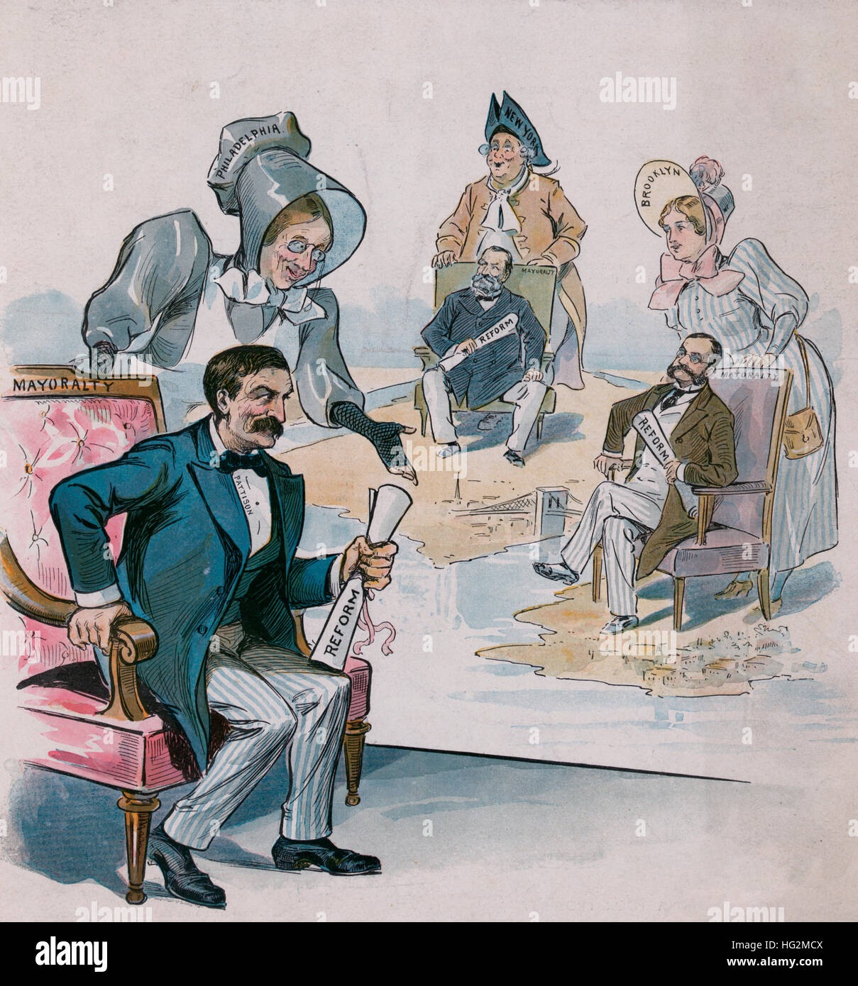 Hoping that Philadelphia will follow the good example of Brooklyn and New York.  Print shows Robert E. Pattison sitting in a chair labeled 'Mayoralty' with a woman labeled 'Philadelphia' standing behind him, Charles A. Schieren sitting in a chair labeled 'Mayoralty' with a woman labeled 'Brooklyn' standing behind him, and William L. Strong sitting in a chair labeled 'Mayoralty' with Father Knickerbocker standing behind him; all are holding papers labeled 'Reform'. 1895 Stock Photo