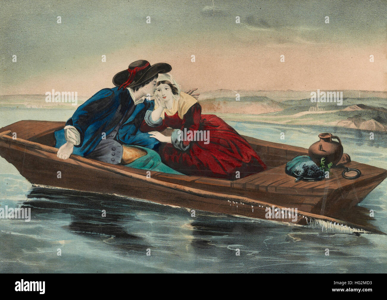 Going with the Stream - Two lovers in olden times, drifting in a boat Stock Photo