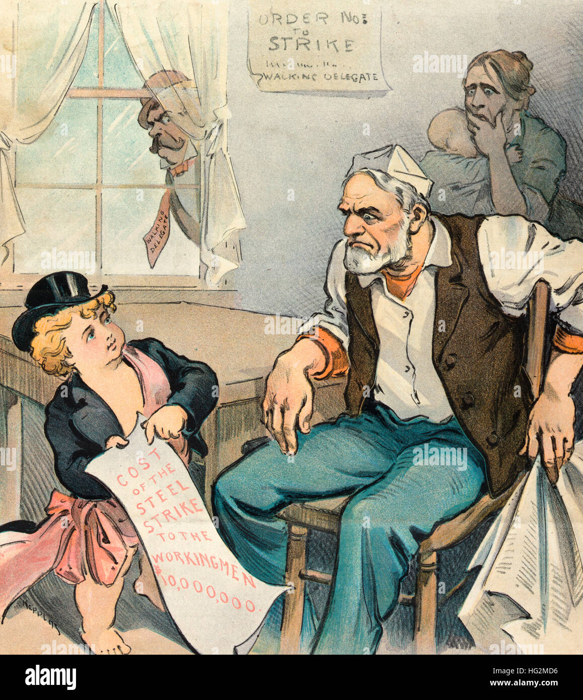 A strike preventive -  Political Cartoon shows Puck talking to a laborer who is sitting at home, on strike; Puck shows him a paper that states: 'Cost of the steel strike to the workingman $10,000,000', standing behind the man is a woman holding a baby; she is horrified. A man labeled 'Walking Delegate' is looking in at the window. 1901 Stock Photo