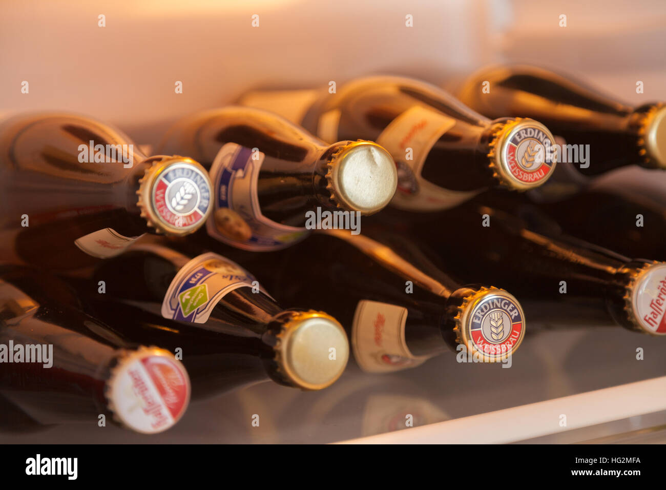 BURG / GERMANY - JANUARY 2, 2017: diverse beer bottles lies in a fridge Stock Photo