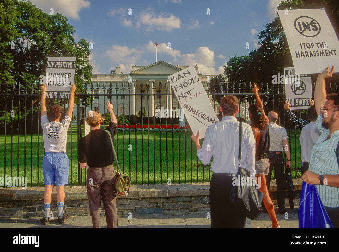 Washington, DC., USA, 30th September, 1991 Protesters from the group 'ACT UP' block the entrance to the Northwest Gate of the White House during a protest about the lack of funding for research into the cause of the AIDS/HIV disease. Credit: Mark Reinstein Stock Photo