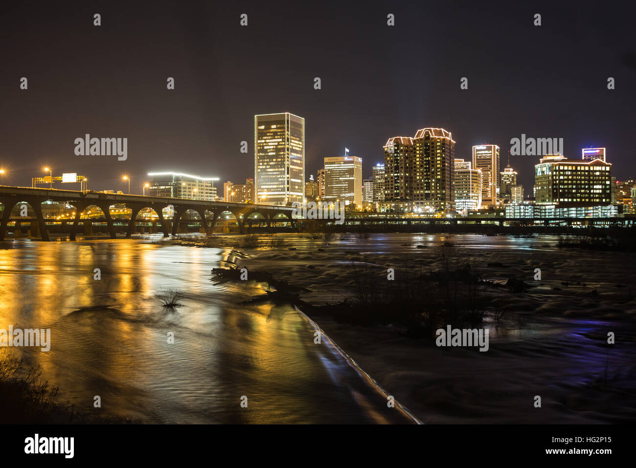Richmond, VA at night with the James River Stock Photo Alamy