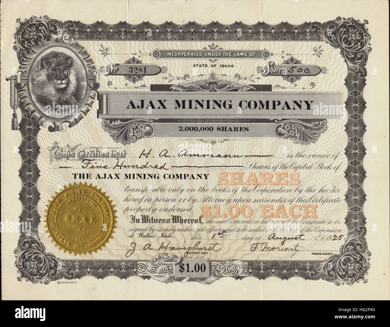 1925 Ajax Mining Company Stock Certificate - Silver Lead Mine - George Gulch - Wallace, Idaho - USA Stock Photo