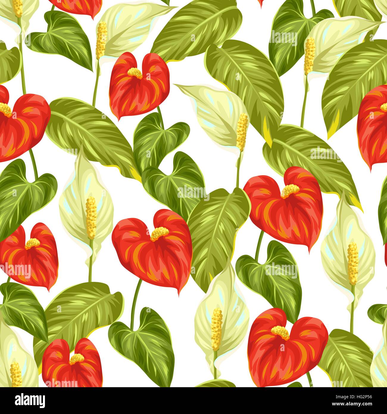 Seamless pattern with flowers spathiphyllum and anthurium Stock Vector
