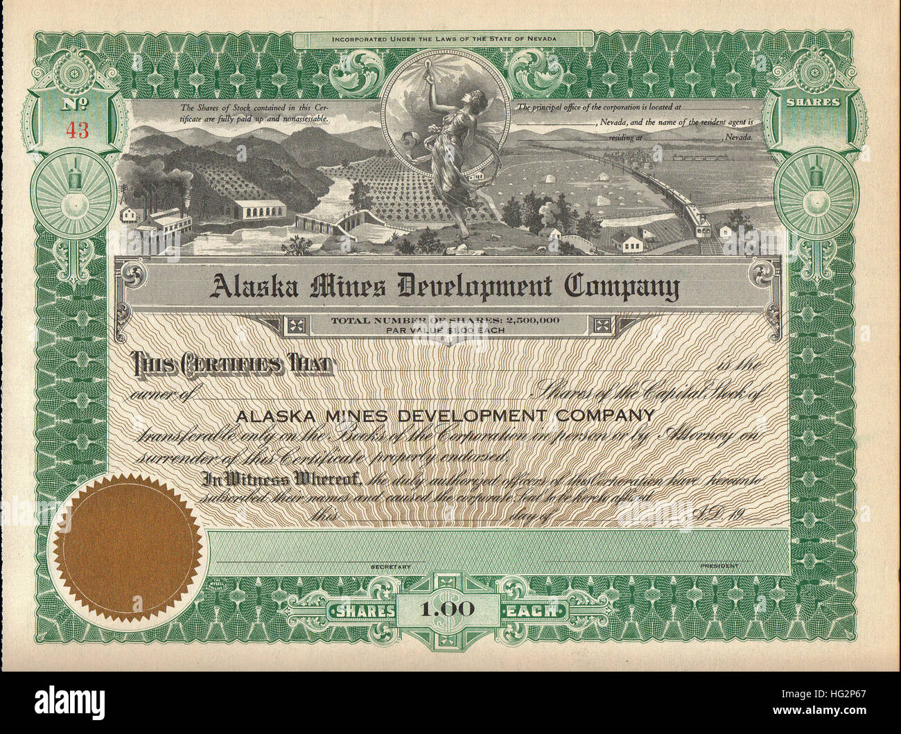 Early 1900s Alaska Mines Development Company Stock Certificate - USA Stock Photo