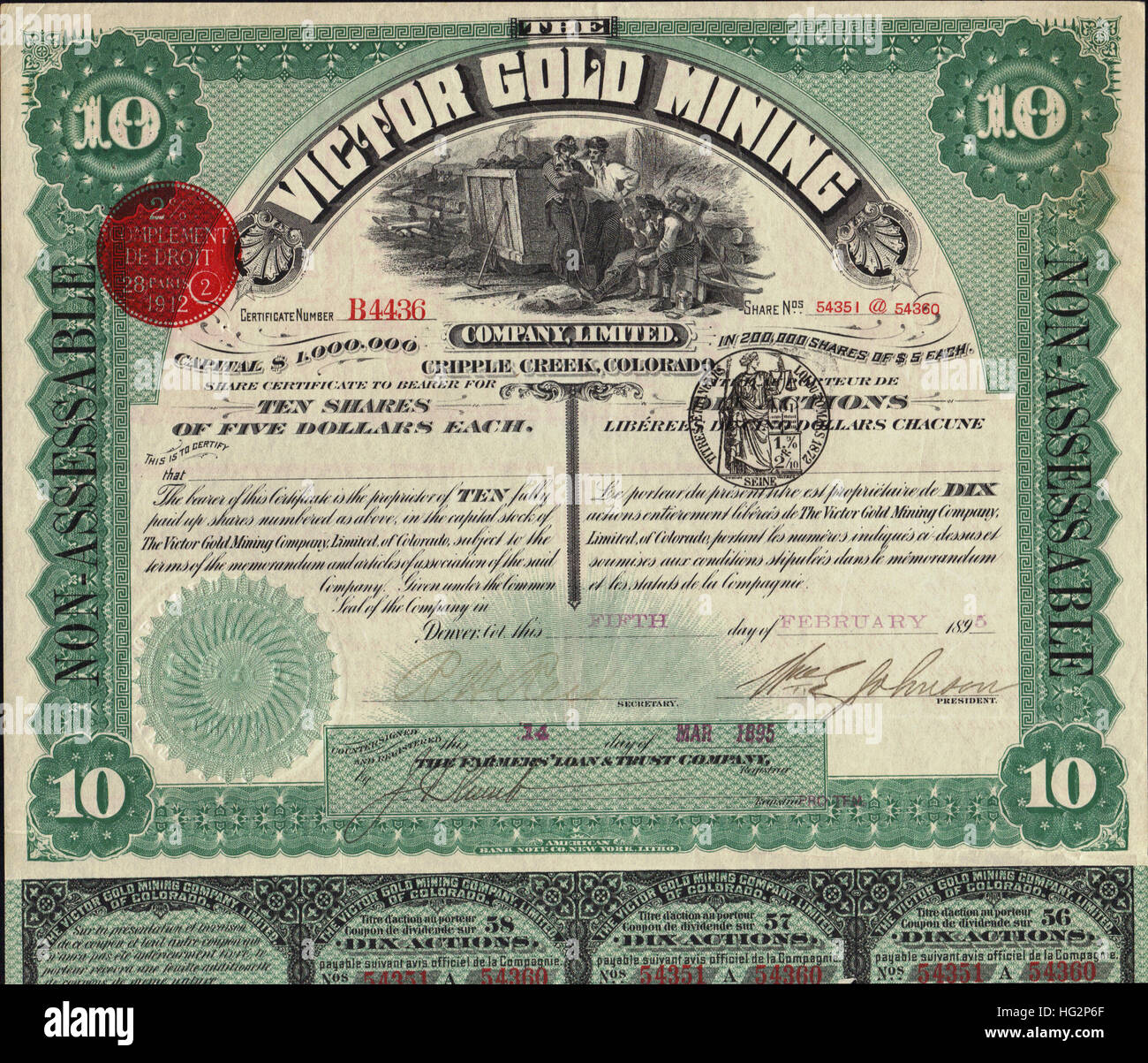 1895 Victor Gold Mining Company Limited Stock Certificate - Bull Hill - Cripple Creek District, Colorado - USA Stock Photo