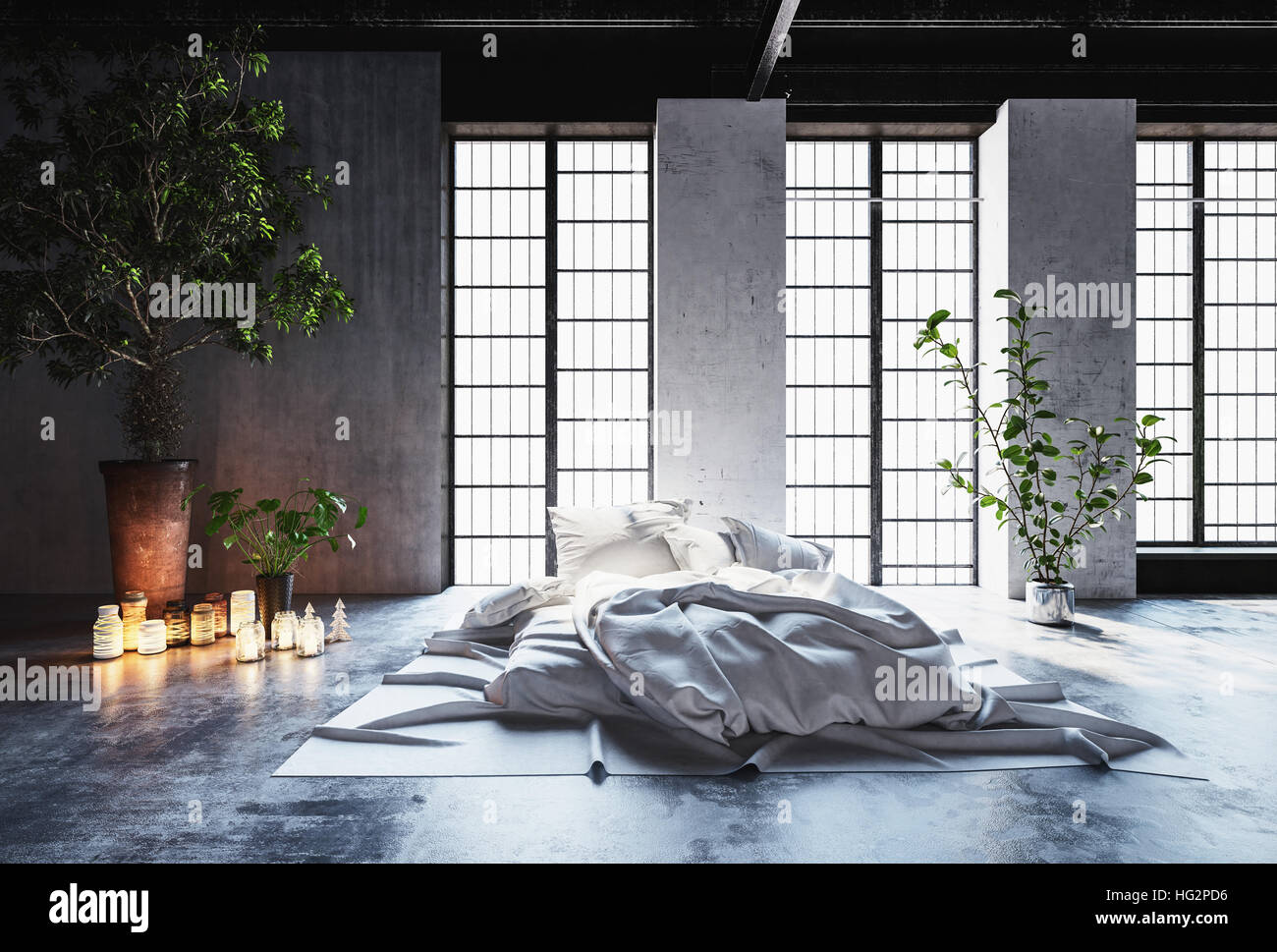 Rumpled Unmade Bed In A Romantic Modern Bedroom With Glowing