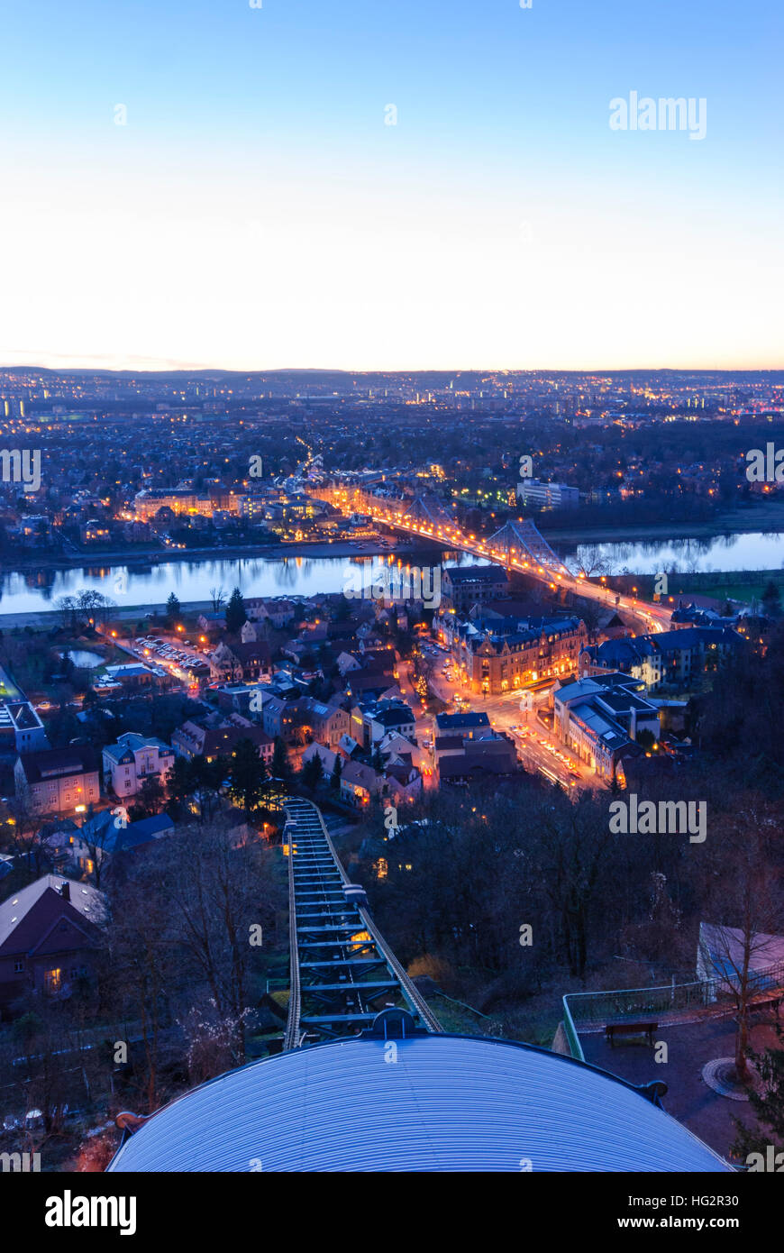 Dresden: View from the mountain station of the suspension railway to the Elbe and the bridge 'Blaues Wunder' ('Blue Wonder') at sunset, , Sachsen, Sax Stock Photo