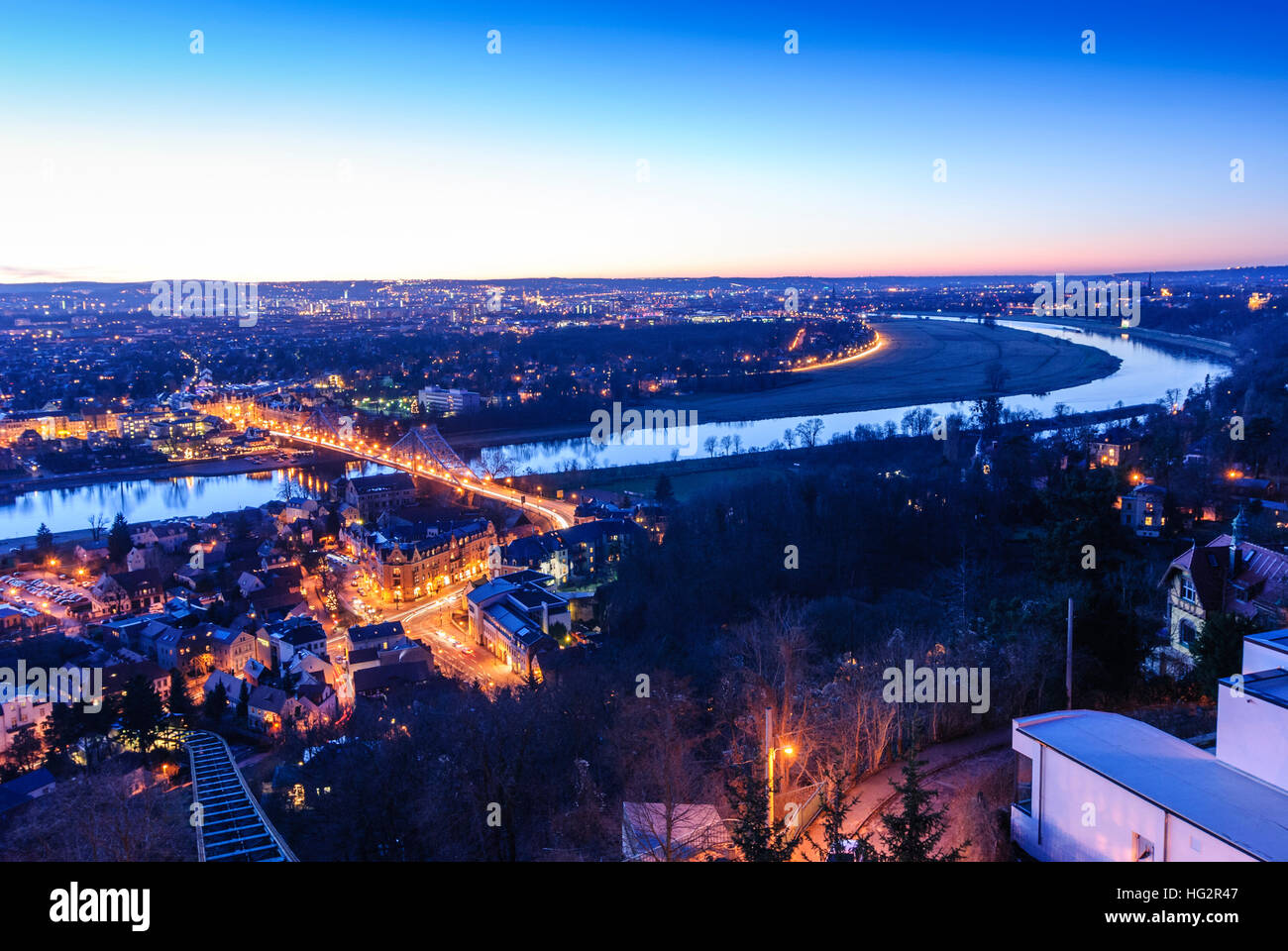 Dresden: View from the mountain station of the suspension railway to the Elbe and the bridge 'Blaues Wunder' ('Blue Wonder') at sunset, , Sachsen, Sax Stock Photo