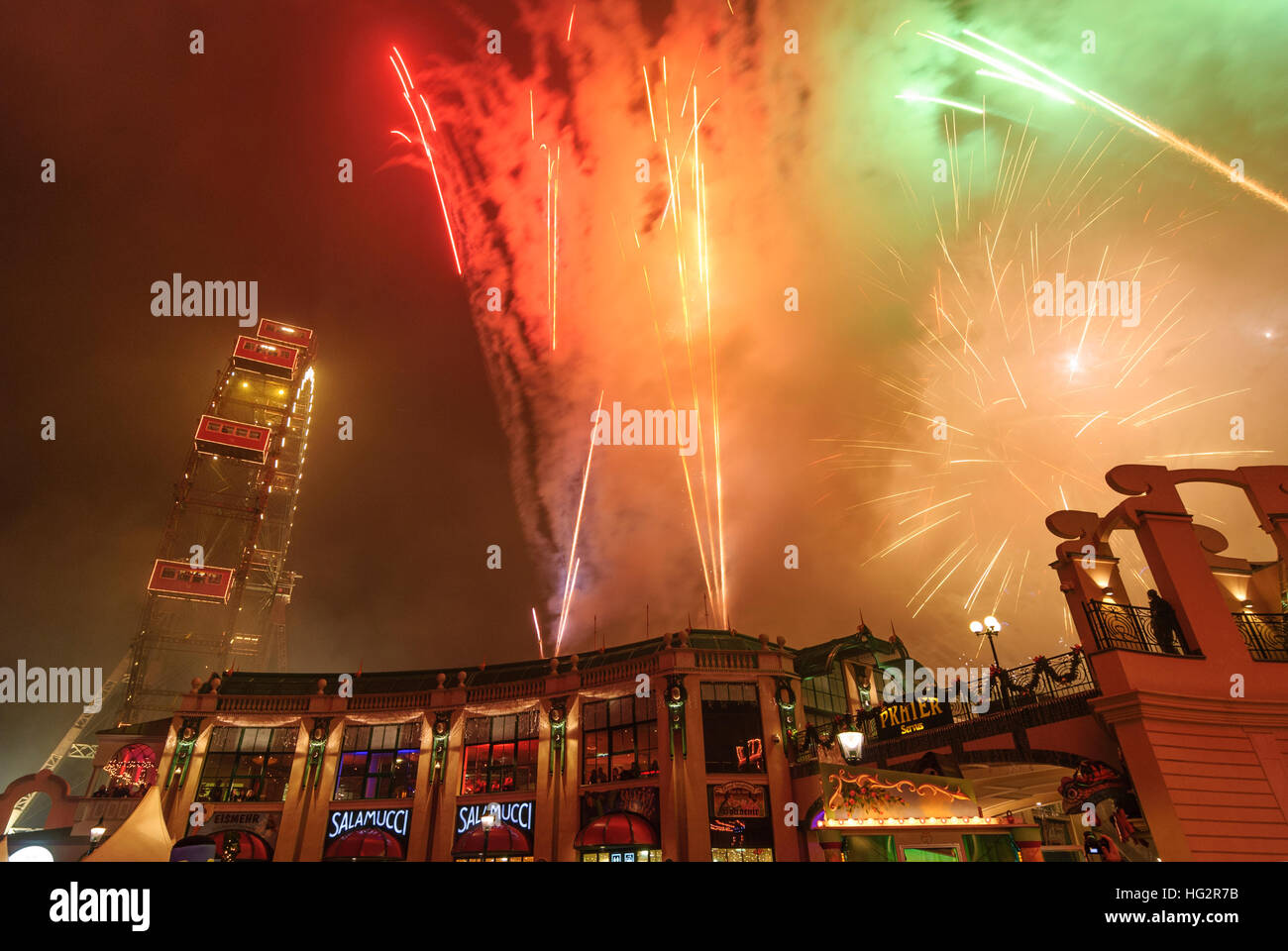 Wien, Vienna New Year's fireworks in the Prater in front of the Ferris