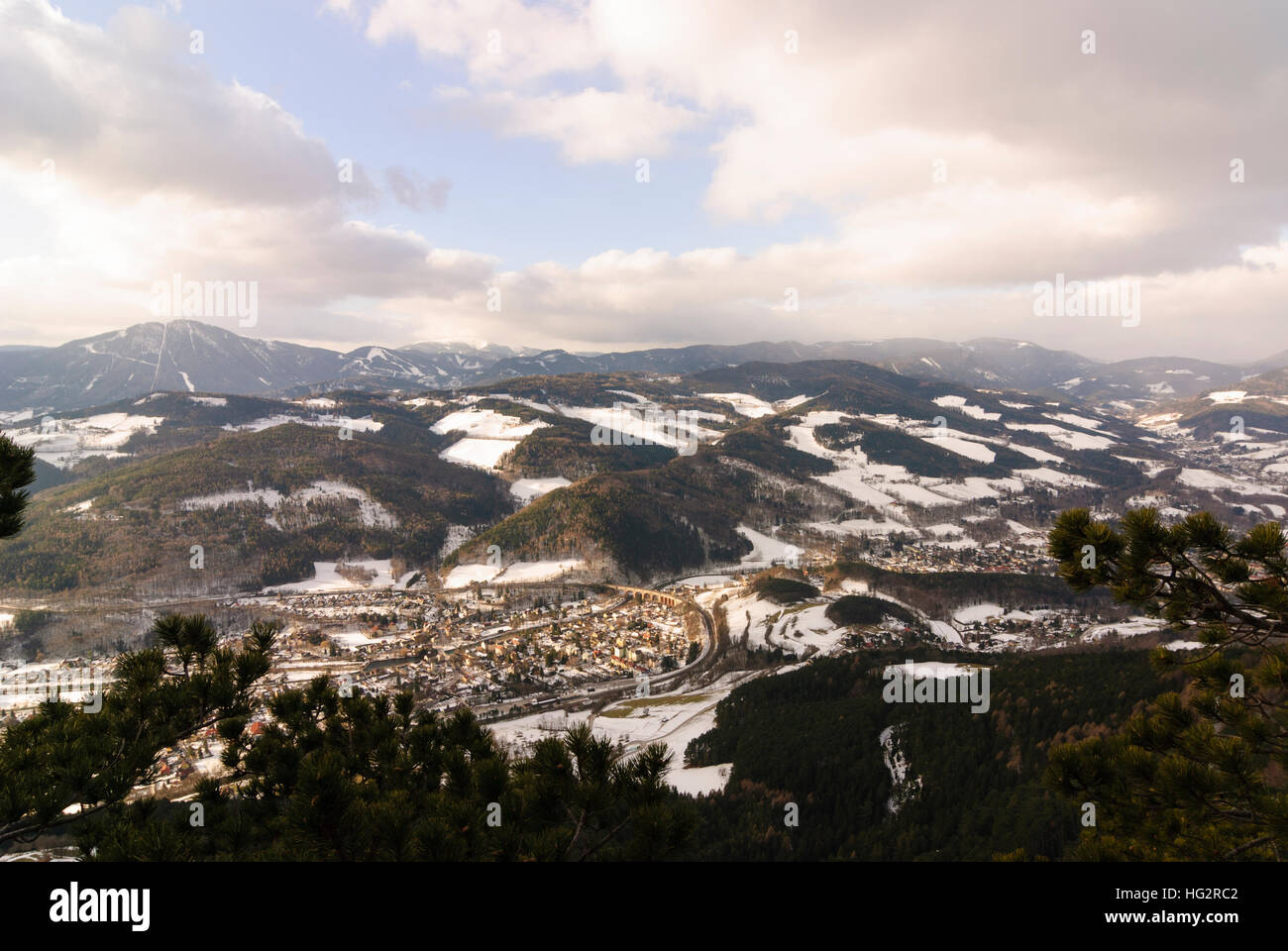 Payerbach: View of Payerbach and the Payerbachgraben Viaduct of the Semmeringbahn, Wiener Alpen, Alps, Niederösterreich, Lower Austria, Austria Stock Photo