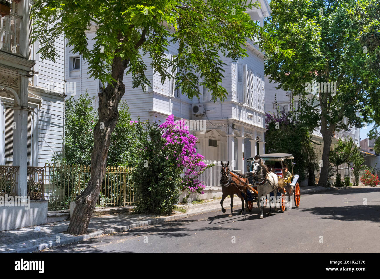 Buyukada  is the largest of the nine so-called Princes' Islands in the Sea of Marmara, near Istanbul, with an area of about 5 km2. It is officially a neighbourhood in the Adalar (Islands) district of Istanbul Province, Turkey. Stock Photo