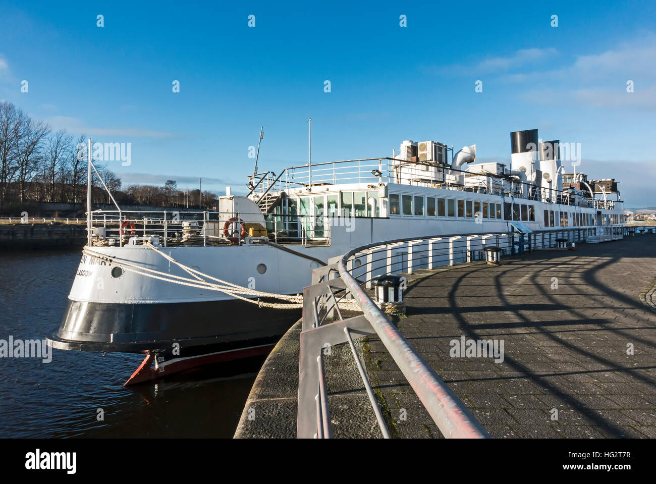 Turbo Steamer TS Queen Mary moored at her temporary berth at Princes Dock basin beside the Science Centre in Glasgow Scotland Stock Photo