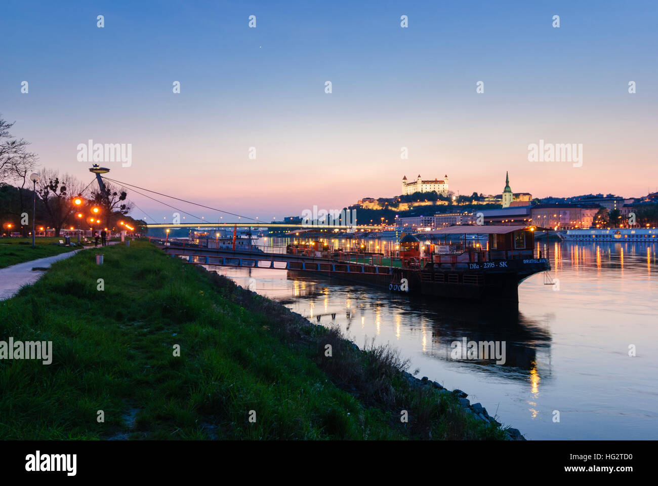 Bratislava (Pressburg): Danube with the New Bridge, the Pressburg castle and the St. Martin's Cathedral (from left to right), restaurant ship, , , Slo Stock Photo