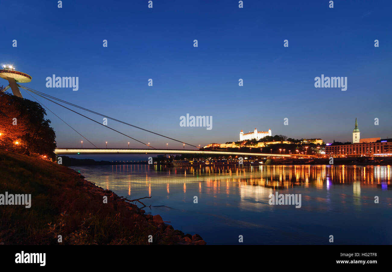 Bratislava (Pressburg): Danube with the New Bridge, the Pressburg castle and the St. Martin's Cathedral (from left to right), , , Slovakia Stock Photo