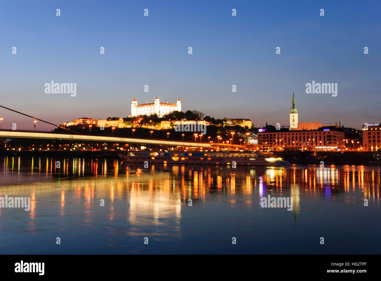 Bratislava (Pressburg): Danube with the New Bridge, the Pressburg castle and the St. Martin's Cathedral (from left to right), , , Slovakia Stock Photo